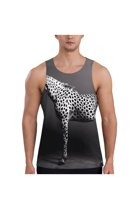Monochrome Leopard Horse Print Men's Quick Dry Fitness Vest, Round Neck Sleeveless Fitness Bodybuilding Top-Medium