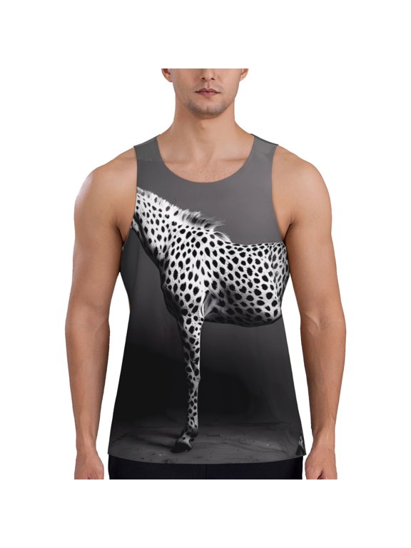 Monochrome Leopard Horse Print Men's Quick Dry Fitness Vest, Round Neck Sleeveless Fitness Bodybuilding Top-Medium