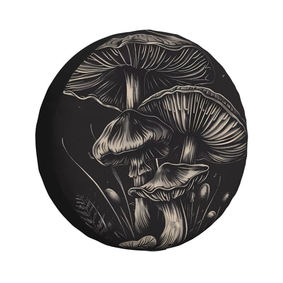 Gukieu Monochrome Mushroom Artwork Print Car Tire Cover, Adjustable Waterproof and Dustproof Tire Protection Cover, Suitable for SUV, Truck, Van-14 inch