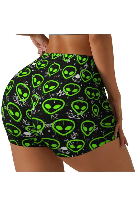 Monster Neon Head Print Women's Sports Shorts, Elastic Waist High Stretch Running Yoga Gym Sweatpants-Large