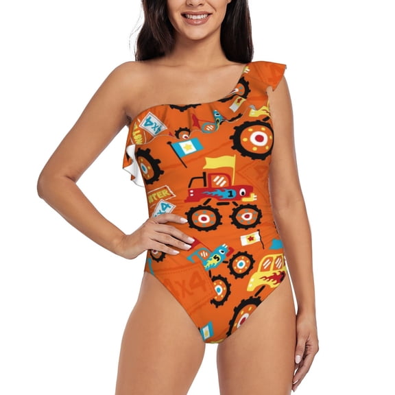 Gukieu Monster Truck,Truck Cartoon Print One-shoulder Ruffled One-piece Swimsuit with Removable Chest Pads and Tummy-control Swimsuit for Women-Large