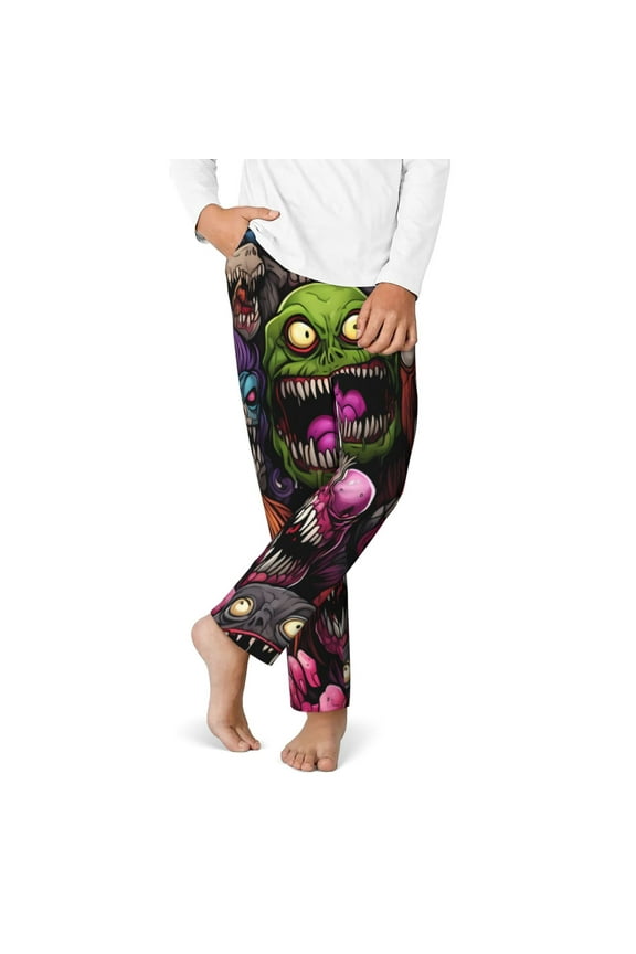Monstrous Cartoon Characters Print Youth Home Trousers, Elastic Waistband with Pockets for Home and Outing, Suitable for Children Aged 5-16-XS(5-6)