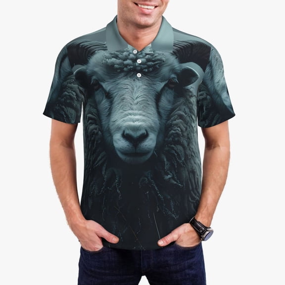 Gukieu Moody Ram Portrait Print Men's Quick-drying POLO Shirt, Button-down Summer T-shirt, Suitable for Work and Outdoor Activities-Small