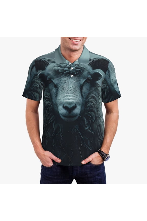 Moody Ram Portrait Print Men's Quick-drying POLO Shirt, Button-down Summer T-shirt, Suitable for Work and Outdoor Activities-Small