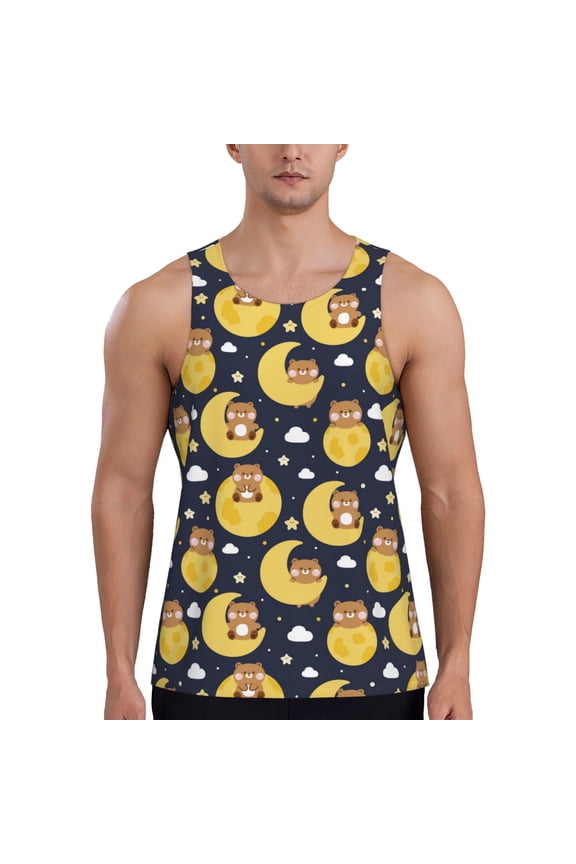 Moon Bear Print Men's Quick Dry Fitness Vest, Round Neck Sleeveless Fitness Bodybuilding Top-X-Large