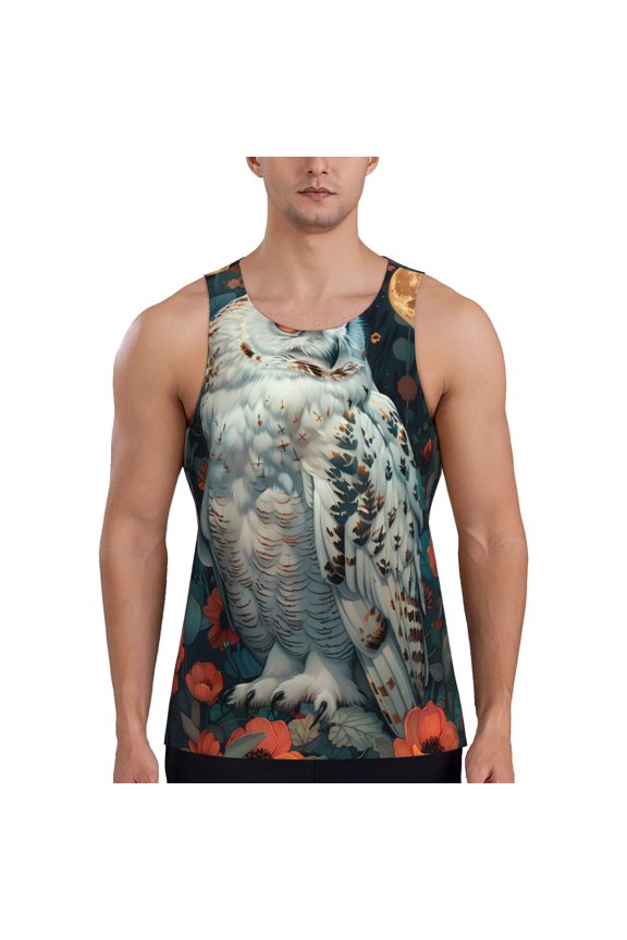 Moon Flower White Owl Print Men's Quick Dry Fitness Vest, Round Neck Sleeveless Fitness Bodybuilding Top-3X-Large