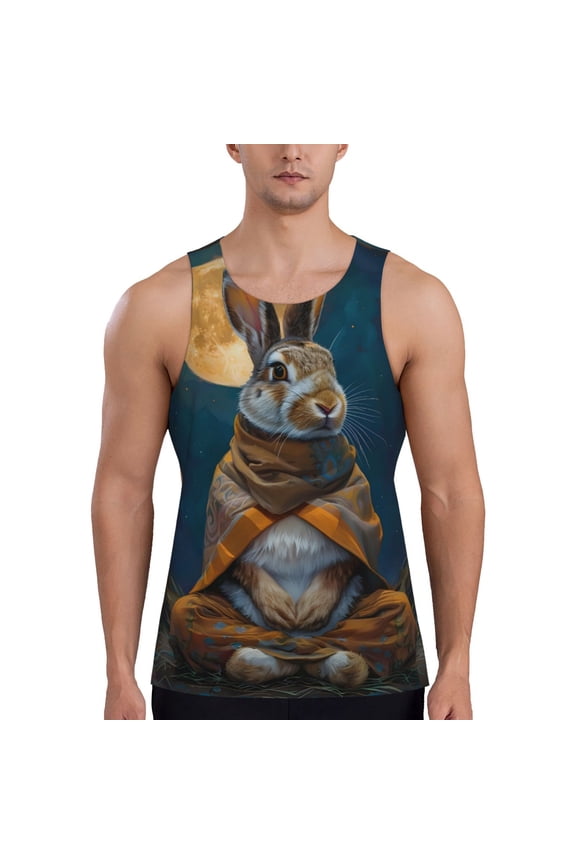 Moon Night Sky Cute Rabbit Print Men's Quick Dry Fitness Vest, Round Neck Sleeveless Fitness Bodybuilding Top-Small