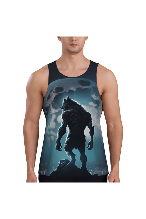 Moon Wolf Warrior Print Men's Quick Dry Fitness Vest, Round Neck Sleeveless Fitness Bodybuilding Top-Large