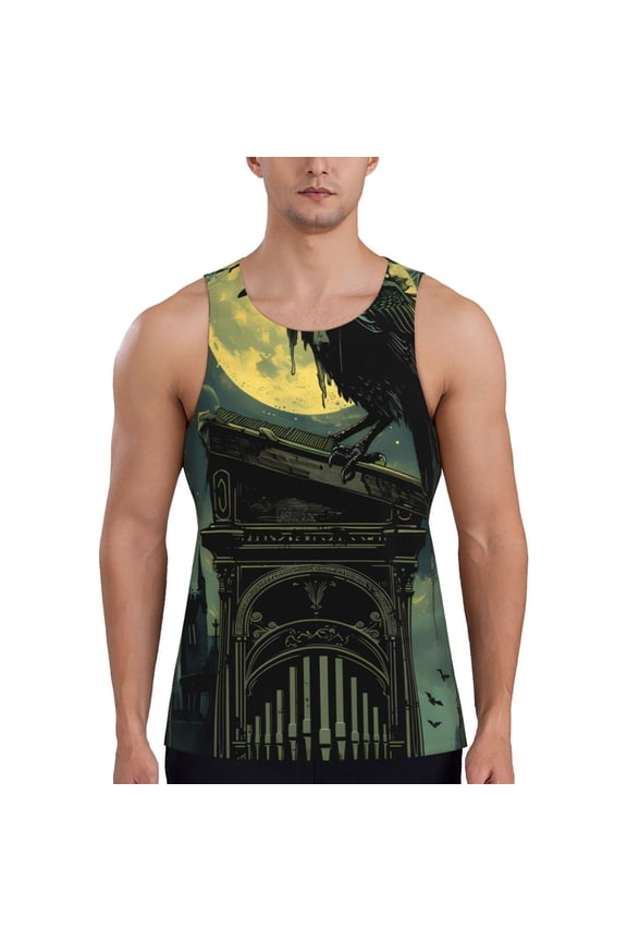 MoonNight Sky Crow Print Men's Quick Dry Fitness Vest, Round Neck Sleeveless Fitness Bodybuilding Top-3X-Large