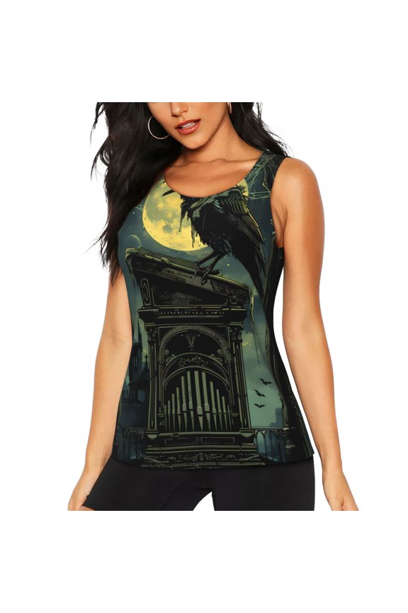 MoonNight Sky Crow Print Women's Quick-drying Fitness Vest, Round Neck Sleeveless Fitness T-shirt, Suitable for Yoga, Sports-Small