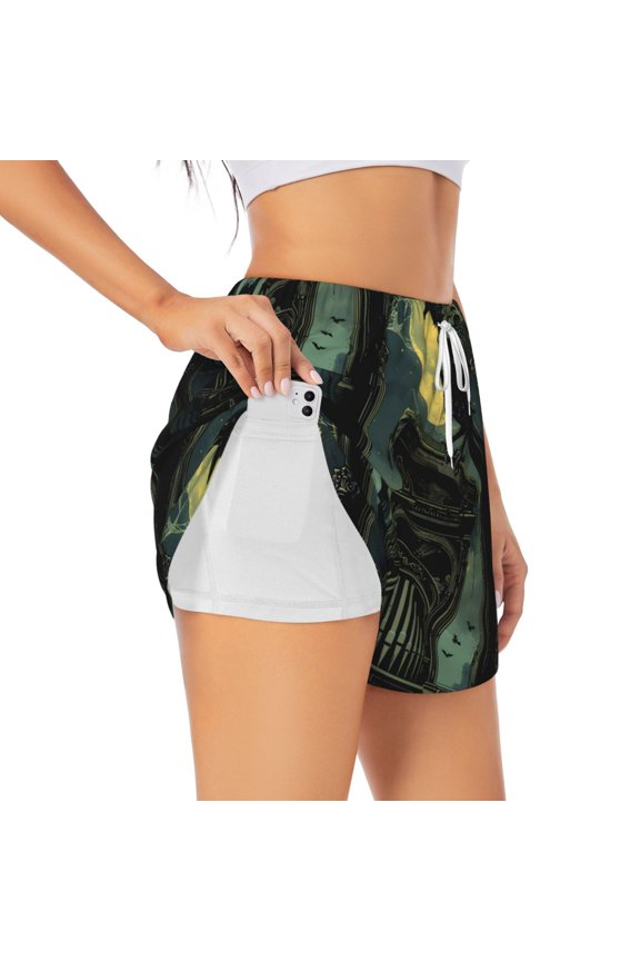 MoonNight Sky Crow Print Women's Sports Shorts with Drawstring Elastic Waistband for Running, Yoga, Fitness-Medium