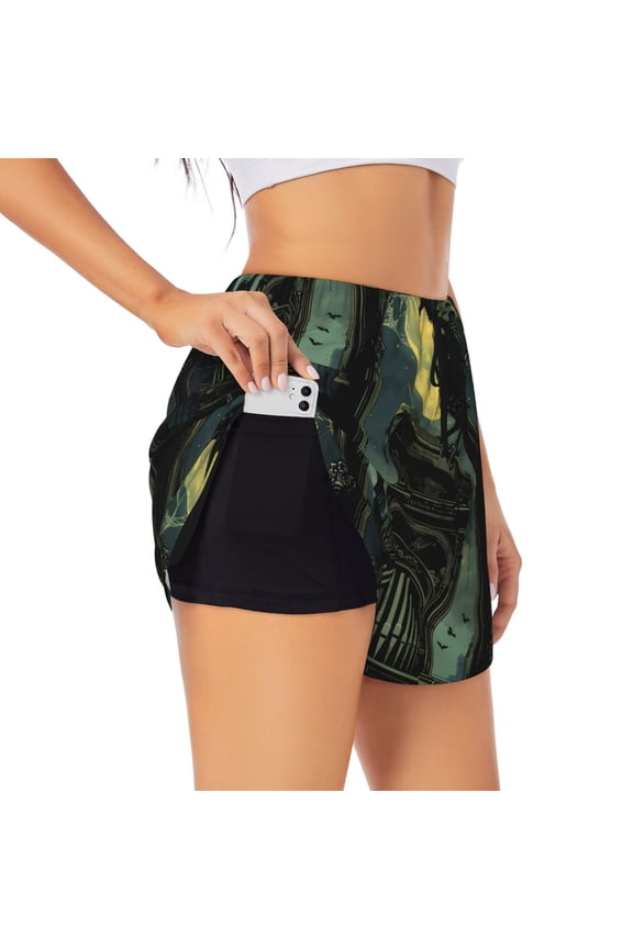 MoonNight Sky Crow Print Women's Sports Shorts with Drawstring Elastic Waistband for Running, Yoga, Fitness-Small