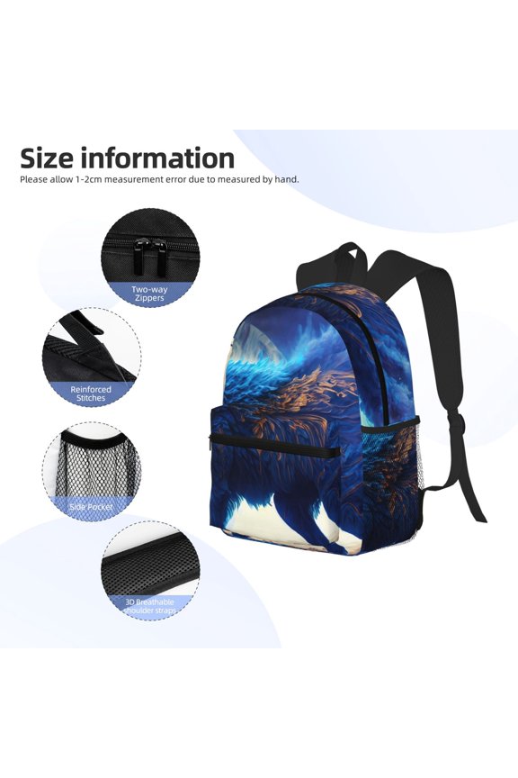 Moonlit Blue Wolf Print Backpack, Waterproof Backpack with Adjustable Shoulder Straps, Suitable for Campus, Business, Travel, Unisex