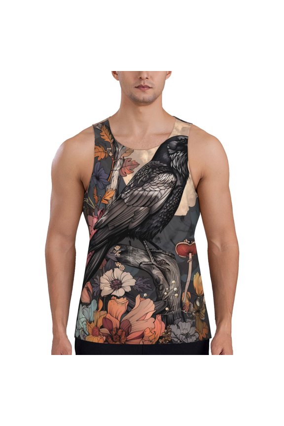 Moonlit Crow Blossoms Print Men's Quick Dry Fitness Vest, Round Neck Sleeveless Fitness Bodybuilding Top-X-Large