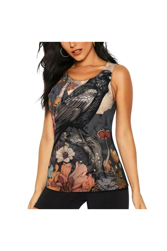 Moonlit Crow Blossoms Print Women's Quick-drying Fitness Vest, Round Neck Sleeveless Fitness T-shirt, Suitable for Yoga, Sports-Small