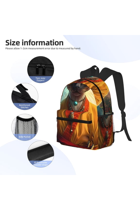 Moonlit Hairless Cat Monk Print Backpack, Waterproof Backpack with Adjustable Shoulder Straps, Suitable for Campus, Business, Travel, Unisex