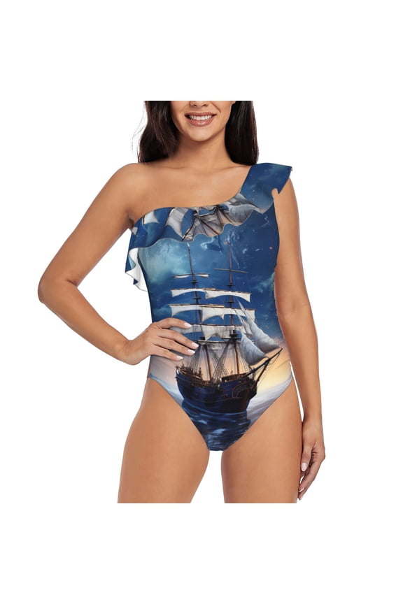 Moonlit Night Sea Sailboat Print One-shoulder Ruffled One-piece Swimsuit with Removable Chest Pads and Tummy-control Swimsuit for Women-XX-Large