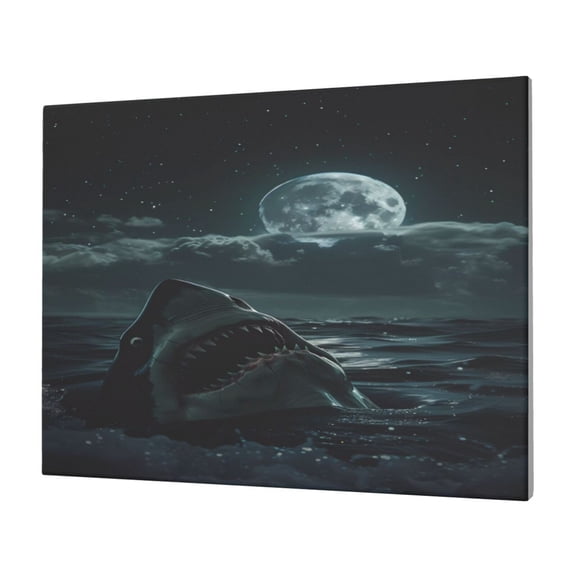 Gukieu Moonlit Night Sky Shark Print Horizontal Canvas Decorative Painting 12x16 Inch Shrinkage Resistant Frame Hanging Home Wall Art Decor