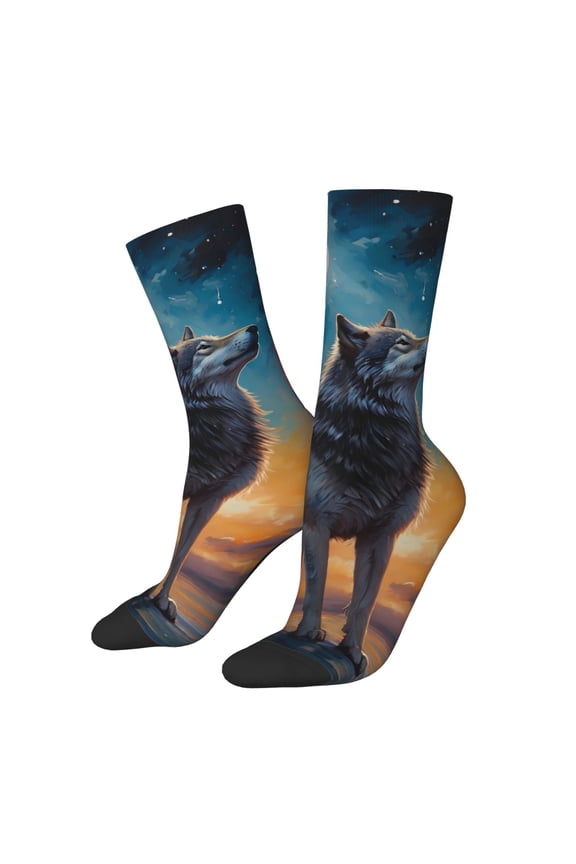 Moonlit Night Sky Wolf Print Contrast Color Mid-calf Socks, Sweat-wicking Athletic Socks, Unisex Clothing Accessories