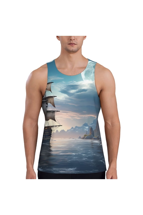 Moonlit Sea Sailboat Print Men's Quick Dry Fitness Vest, Round Neck Sleeveless Fitness Bodybuilding Top-Medium