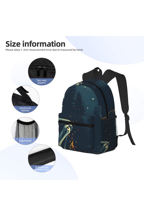 Moonlit Skeleton Campfire Print Backpack, Waterproof Backpack with Adjustable Shoulder Straps, Suitable for Campus, Business, Travel, Unisex