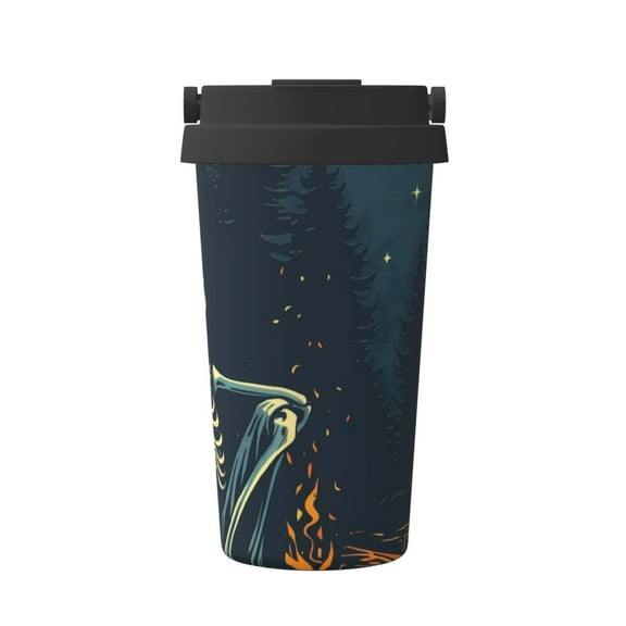 Gukieu Moonlit Skeleton Campfire Print Insulated Coffee Cup, Portable Stainless Steel Vacuum Cup with Lid, Unisex, Suitable for Office, Cafe, Car