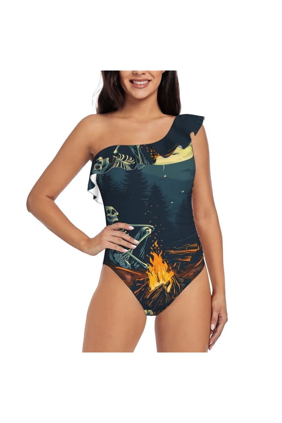 Moonlit Skeleton Campfire Print One-shoulder Ruffled One-piece Swimsuit with Removable Chest Pads and Tummy-control Swimsuit for Women-XX-Large