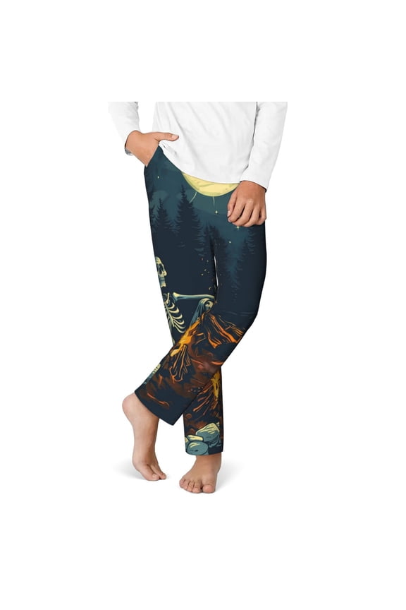 Moonlit Skeleton Campfire Print Youth Home Trousers, Elastic Waistband with Pockets for Home and Outing, Suitable for Children Aged 5-16-XS(5-6)