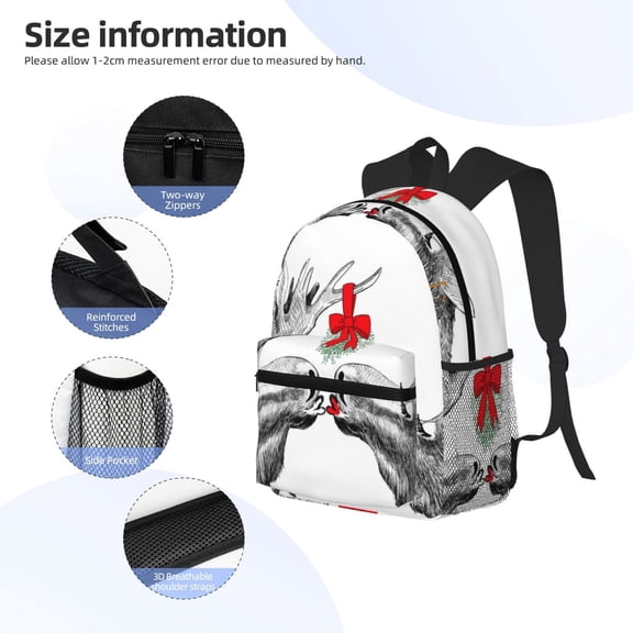 Gukieu Moose Kissing Under Mistletoe Print Backpack, Waterproof Backpack with Adjustable Shoulder Straps, Suitable for Campus, Business, Travel, Unisex