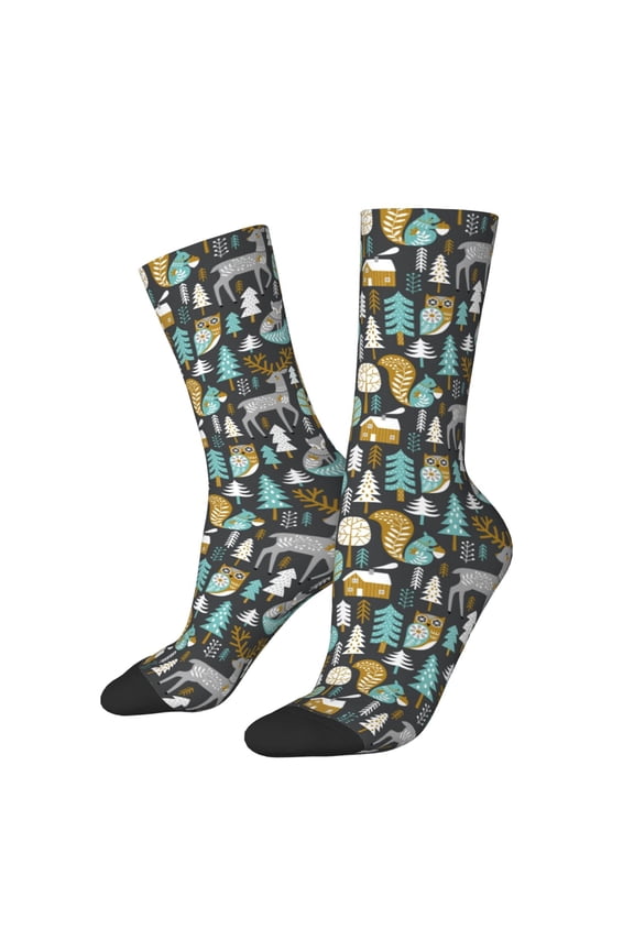 Moose Squirrel owls tree Print Contrast Color Mid-calf Socks, Sweat-wicking Athletic Socks, Unisex Clothing Accessories