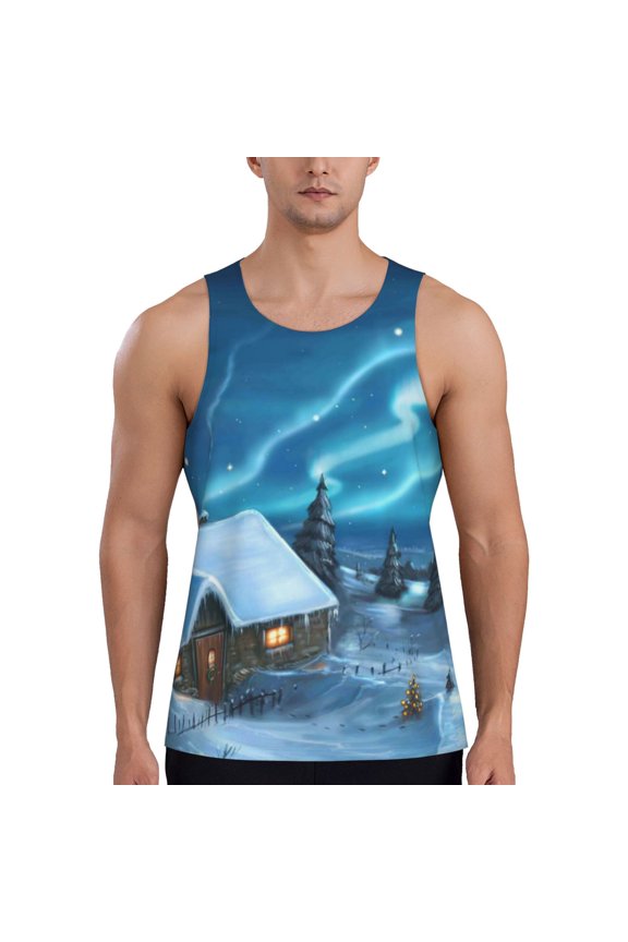 Mountain Cottage In Snow Print Men's Quick Dry Fitness Vest, Round Neck Sleeveless Fitness Bodybuilding Top-Medium