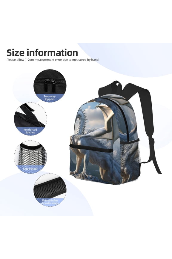 Mountain White Dragon Print Backpack, Waterproof Backpack with Adjustable Shoulder Straps, Suitable for Campus, Business, Travel, Unisex