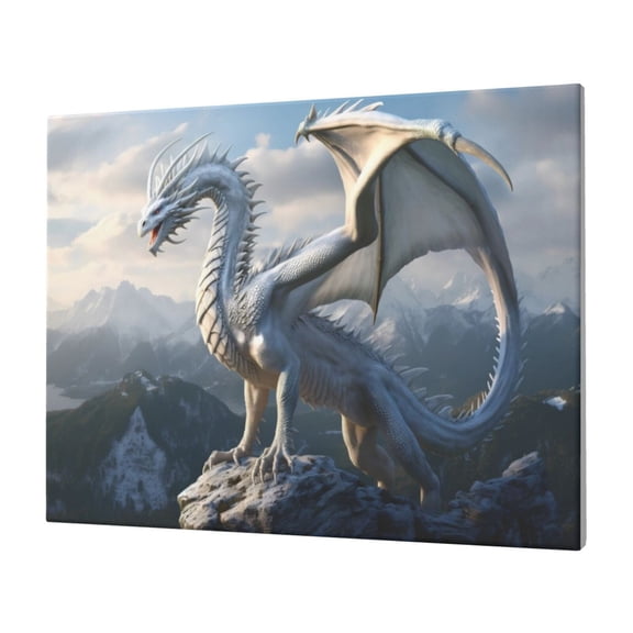 Gukieu Mountain White Dragon Print Horizontal Canvas Decorative Painting 12x16 Inch Shrinkage Resistant Frame Hanging Home Wall Art Decor