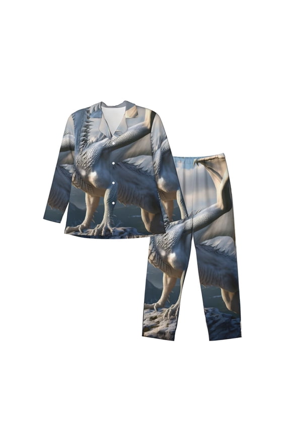 Mountain White Dragon Print Men's Long-sleeved Pajamas Set, Elastic Waist Pajamas Button-down Pajamas Two-piece Set, Suitable for Adult Male Home Wear-XX-Large