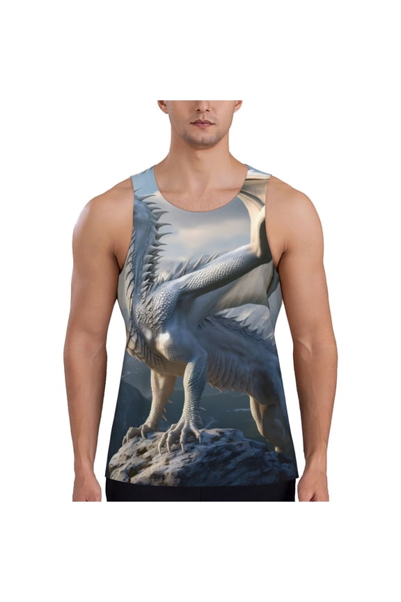 Mountain White Dragon Print Men's Quick Dry Fitness Vest, Round Neck Sleeveless Fitness Bodybuilding Top-XX-Large