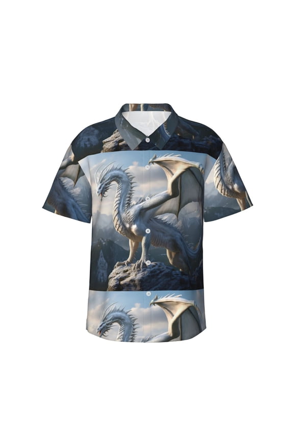Mountain White Dragon Print Men's Short-sleeved Shirts, Button-down Lapel Hawaiian Shirts, T-shirts, Beach Vacation Summer Casual Wear,X-Large