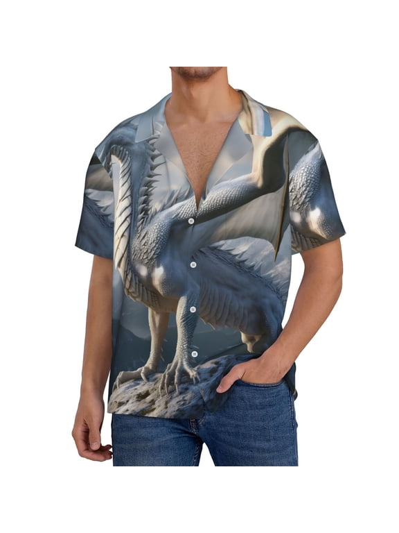 Mountain White Dragon Print Men's Short-sleeved Shirts, Button-down Pocket Shirts, T-shirts, Beach Vacation Travel Summer Clothing-Medium
