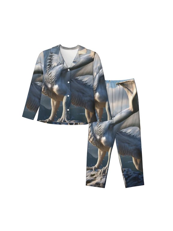Mountain White Dragon Print Women's Long Sleeve Pajama Set, Button Top Elastic Pocket Pajama Pants Two Piece Set Home Wear-