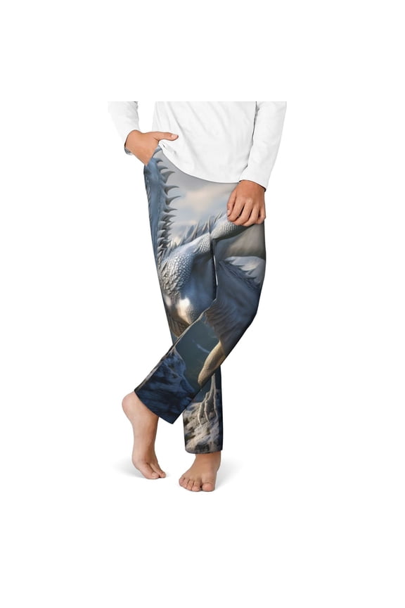 Mountain White Dragon Print Youth Home Trousers, Elastic Waistband with Pockets for Home and Outing, Suitable for Children Aged 5-16-Large