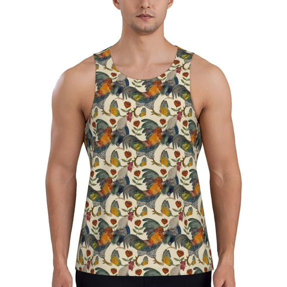 Gukieu Multi-Colored Roosters Print Men's Quick Dry Fitness Vest, Round Neck Sleeveless Fitness Bodybuilding Top-XX-Large