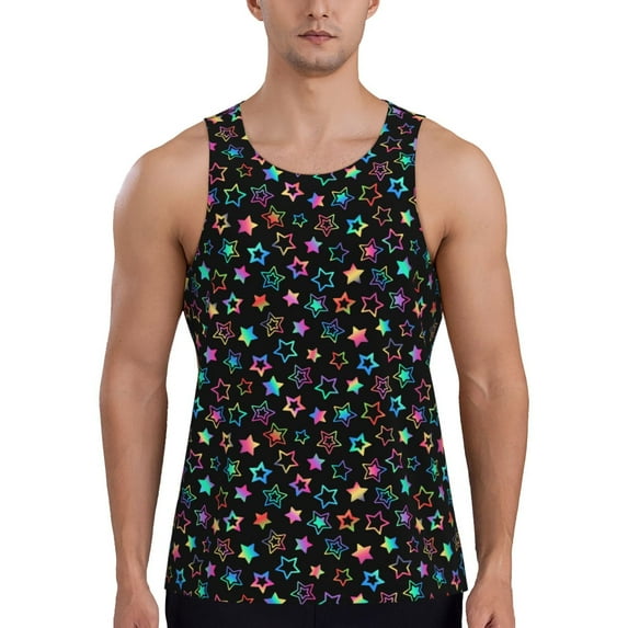 Gukieu Multi-Colored Stars Print Men's Quick Dry Fitness Vest, Round Neck Sleeveless Fitness Bodybuilding Top-Medium
