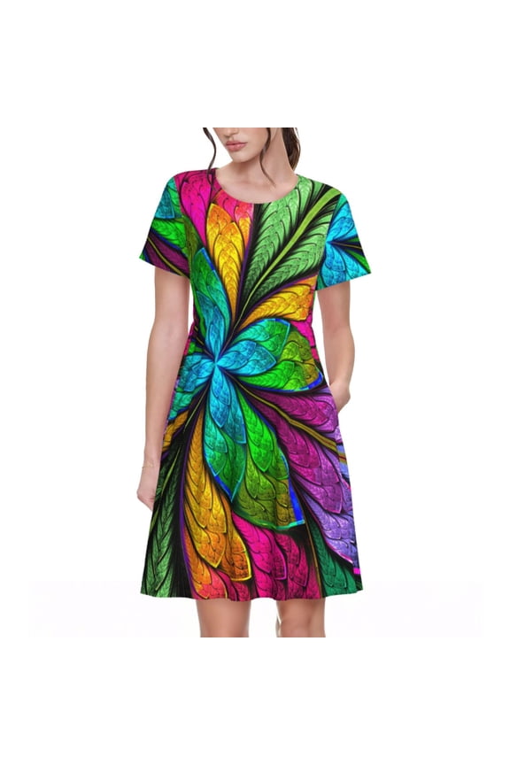 Multicolored Beautiful Flower Print Women's Short Sleeve Dress, Elastic Waistband A-line with Pockets Summer Dress, Suitable for Daily Leisure, Work, Vacation