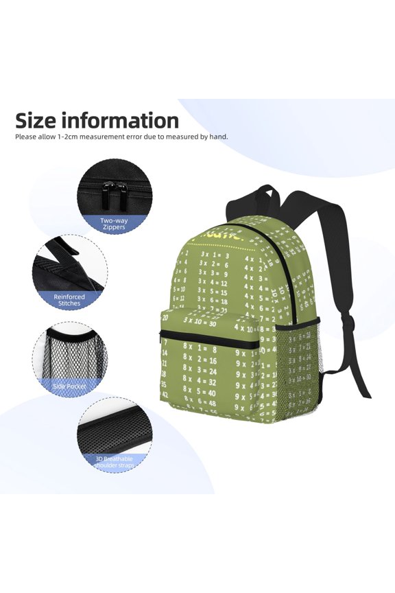 Multiplication Table1 Print Backpack, Waterproof Backpack with Adjustable Shoulder Straps, Suitable for Campus, Business, Travel, Unisex
