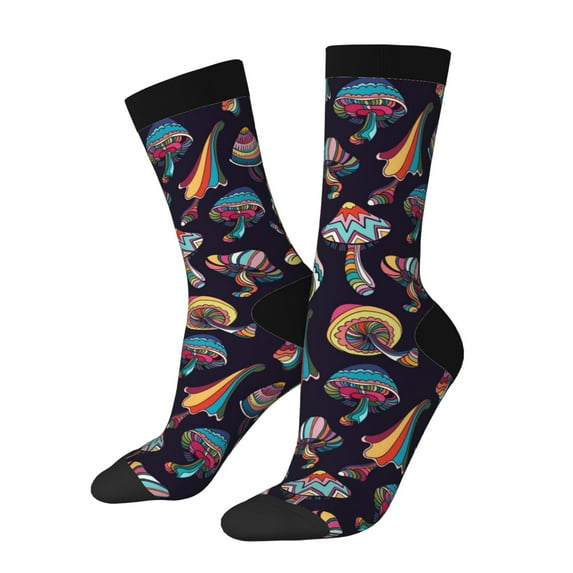 Gukieu Mushroom Doodle Print Contrast Color Mid-calf Socks, Sweat-wicking Athletic Socks, Unisex Clothing Accessories