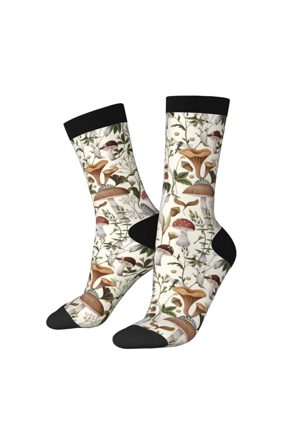 Mushroom Garnish Print Contrast Color Mid-calf Socks, Sweat-wicking Athletic Socks, Unisex Clothing Accessories