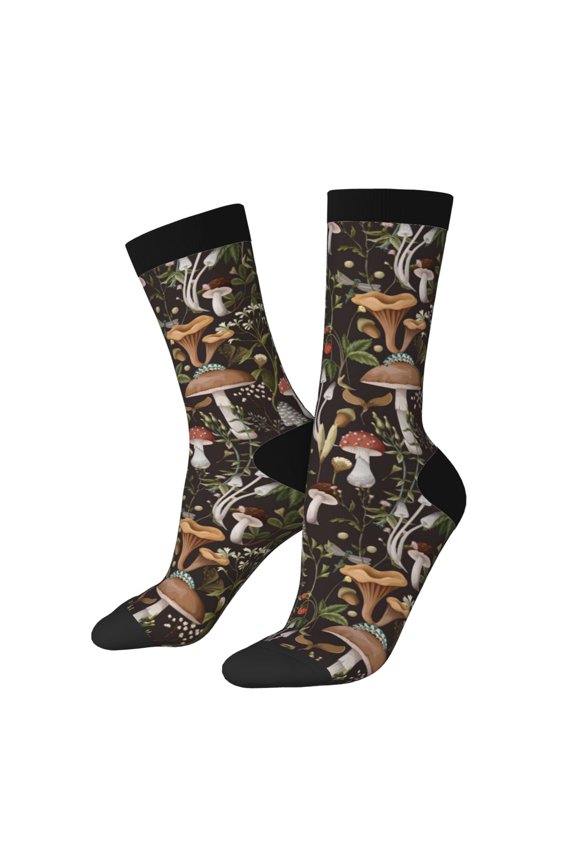Mushroom Garnish Print Contrast Color Mid-calf Socks, Sweat-wicking Athletic Socks, Unisex Clothing Accessories