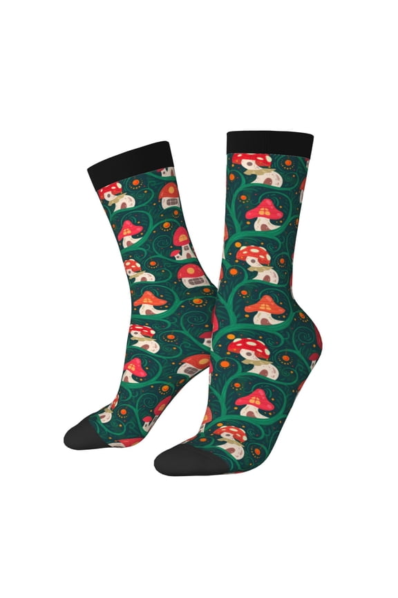 Mushroom House Print Contrast Color Mid-calf Socks, Sweat-wicking Athletic Socks, Unisex Clothing Accessories