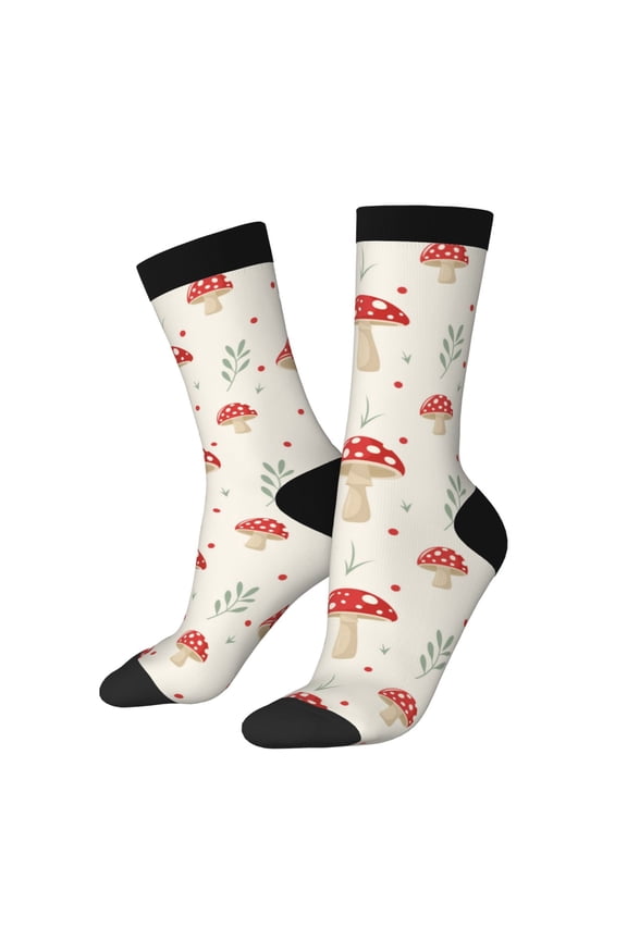 Mushroom Print Contrast Color Mid-calf Socks, Sweat-wicking Athletic Socks, Unisex Clothing Accessories