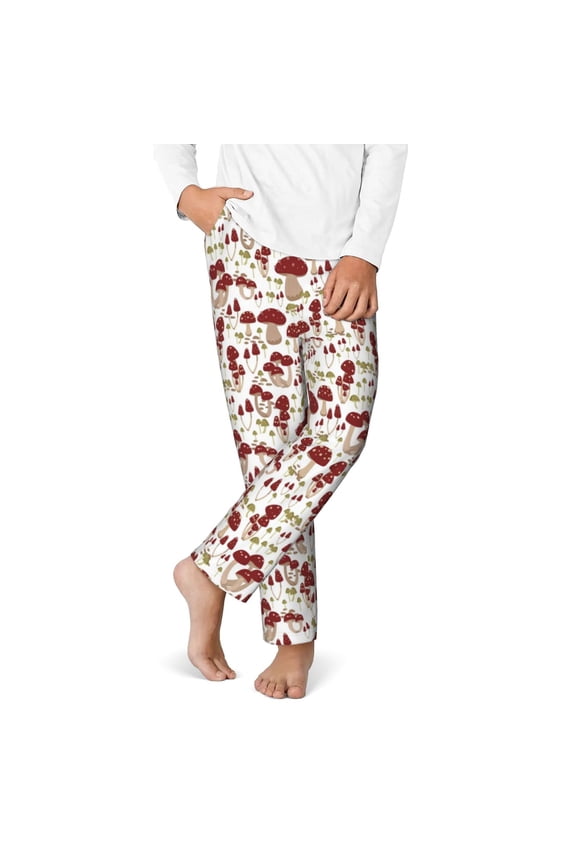 Mushroom Print Youth Home Trousers, Elastic Waistband with Pockets for Home and Outing, Suitable for Children Aged 5-16-Small