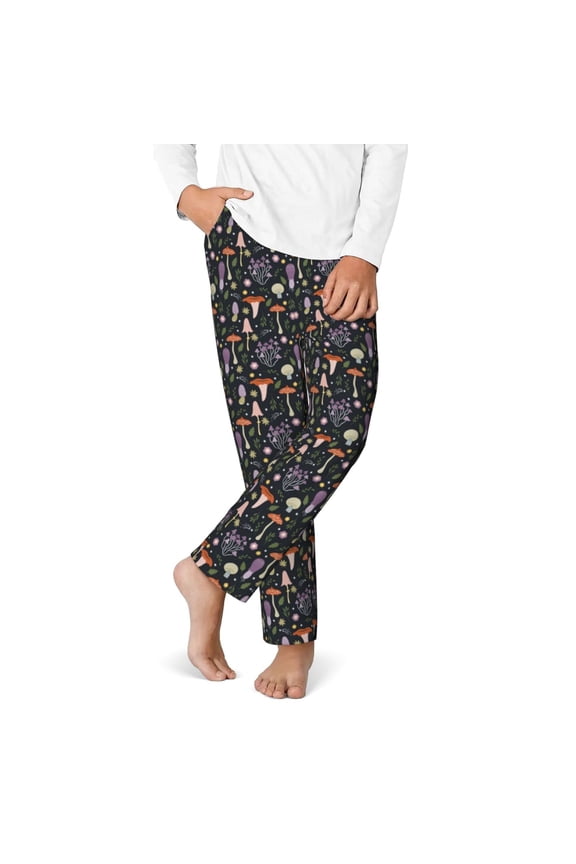 Mushroom Print Youth Home Trousers, Elastic Waistband with Pockets for Home and Outing, Suitable for Children Aged 5-16-XS(5-6)